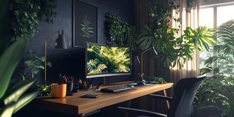 Poster - Modern home office with abundant indoor plants, computer, and natural light.