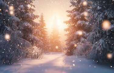 Poster - Magical winter sunset in snowy forest with sunbeams and falling snow.