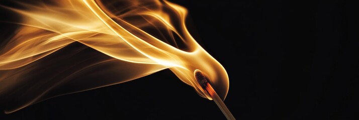 Poster - Golden smoke swirling from a burning match forms a stunning and abstract shape, contrasting beautifully against a deep black background, evoking warmth and energy