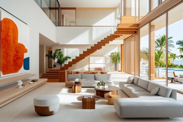 Aufkleber - Modern living room with high ceilings, wooden staircase, large windows, and ocean view.