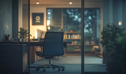 Aufkleber - Empty modern office at night, seen through glass doors. Desk, chair, plants visible.