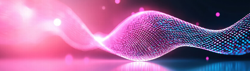 Poster - vibrant wave of glowing mesh patterns in pink and blue hues, creating dynamic visual effect. soft light enhances fluidity and depth of design, evoking sense of movement and energy