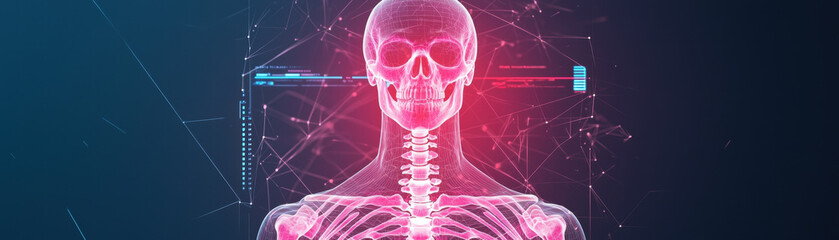 Poster - glowing human skeleton illustration with digital background, showcasing intricate bone structures and futuristic design. vibrant colors create striking visual effect