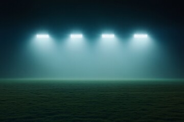Poster - Three stadium lights illuminate a foggy, dark green field at night.