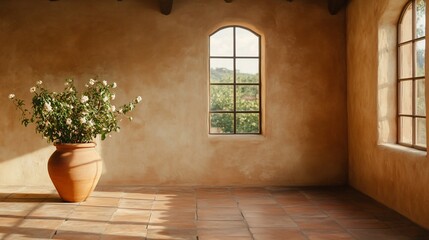 Leinwandbilder - Sunlit room with terracotta pot of white flowers, arched window, and terracotta tile floor.