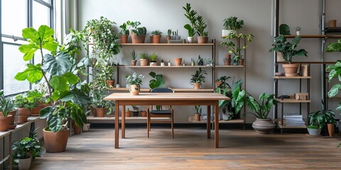 Poster - Sunlit room with numerous potted plants arranged on shelves and a wooden table.