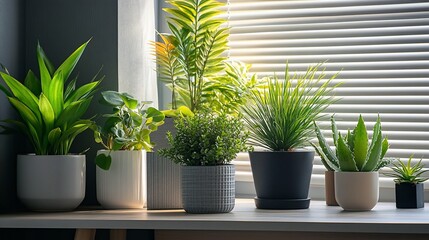 Aufkleber - Sunlit windowsill with various potted plants in different shapes and sizes.
