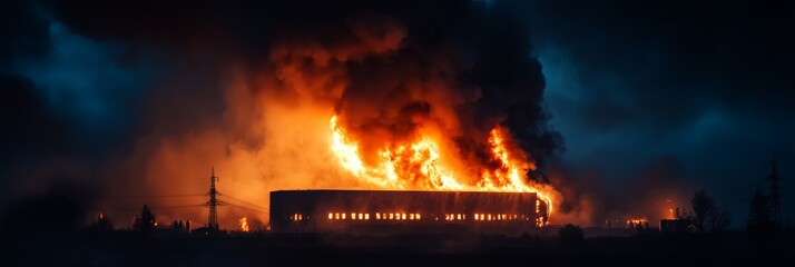 Poster - Large flames engulfing a warehouse at night, creating dense smoke and illuminating the surrounding area, demonstrating the destructive power of fire