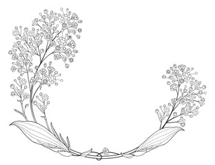 Wall Mural - Oval frame with outline Gypsophila or Baby's breath flower in black isolated on white background. 