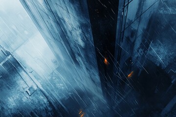 Poster - Futuristic city dystopia, rain, dark, grunge, high angle.