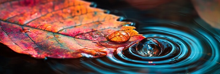 Poster - Vibrant autumn leaf falling on still water, creating concentric ripples.