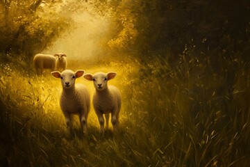 Poster - Two lambs and a sheep stand in a sunlit grassy path through a dark forest.