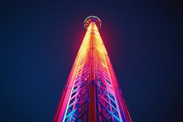 Aufkleber - Illuminated amusement park tower at night, low angle view.