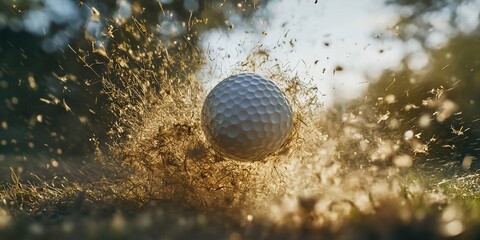 Poster - Golf ball exploding from sand trap at sunset.