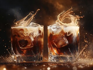 Poster - Two glasses of cola with ice and cream, splashing liquid.