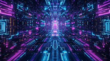 Poster - Abstract futuristic tunnel with vibrant neon lights and glowing lines.