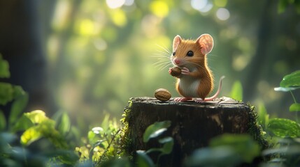 Poster - Adorable cartoon mouse enjoying a nut on a forest stump.