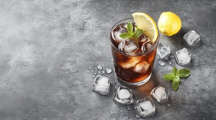 Poster - Iced tea in glass with lemon and mint on grey background.