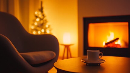Poster - Cozy living room illuminated by burning fireplace and christmas tree lights creating a warm atmosphere for christmas eve, with a cup of hot coffee on the table