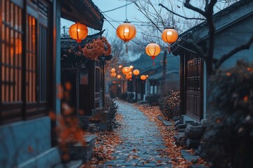 Poster - Illuminated pathway in a historic Asian village at dusk.  Autumn leaves cover the cobblestone street, traditional architecture lines the path, with warm-toned lanterns hanging overhead.