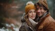 © Alisa - A couple in winter wear smile at the camera in the snow. AI generative. .