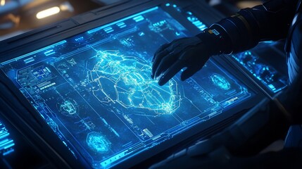 Fototapete - Gloved hand interacts with futuristic holographic map interface.