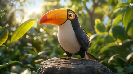 Poster - Adorable cartoon toucan perched on rock in lush jungle setting, sunlit foliage.