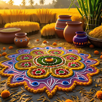 Vibrant Pongal harvest festival scene with golden rice fields and decorations