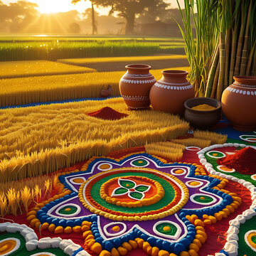 Vibrant Pongal harvest festival scene with golden rice fields and decorations
