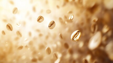 Aufkleber - Roasted coffee beans levitate in a sunlit burst.