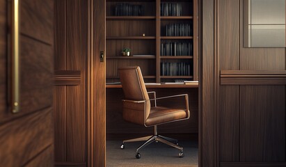 Leinwandbilder - Luxurious home office with leather chair, wooden desk, and built-in bookshelves.