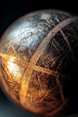 Aufkleber - Close-up of a weathered, metallic sphere with etched lines, illuminated from below, showcasing texture and detail.
