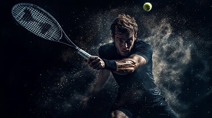 Poster - Tennis player in action, striking a ball, dramatic lighting and dust effects.