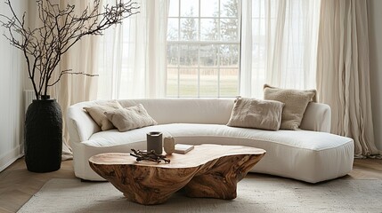Aufkleber - Modern living room interior with curved sofa, wooden coffee table, and natural decor.