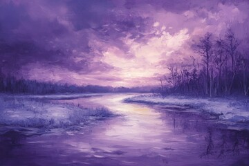 Wall Mural - Captivating purple sunset over a serene river surrounded by trees in a tranquil landscape