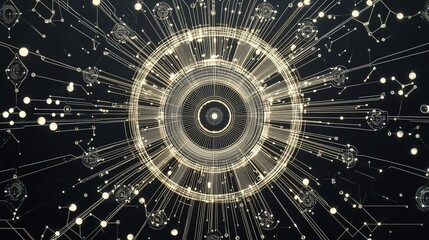 Poster - Abstract gold and black circular design with radiating lines and glowing particles.