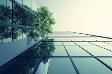 Poster - Low angle view of modern glass skyscraper with tree growing on top, symbolizing environmental sustainability.
