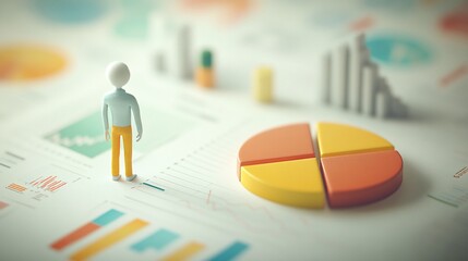 Poster - Miniature figure standing amidst colorful charts and graphs, symbolizing data analysis and business strategy.