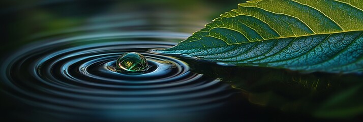 Poster - Water droplet falling on calm water surface near green leaf, creating concentric ripples.