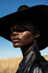 black fashion model as cowgirl wearing stetson hat and leather western jacket with prairie vista ame