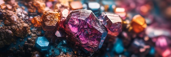 Poster - Vibrant close-up of colorful crystals, showcasing their multifaceted textures and rich hues.