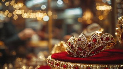 Poster - Close-up of a gold crown adorned with red gemstones, resting on a red velvet cushion in a jewelry store.