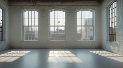 Poster - Sunlit empty loft interior with large windows offering a city view.
