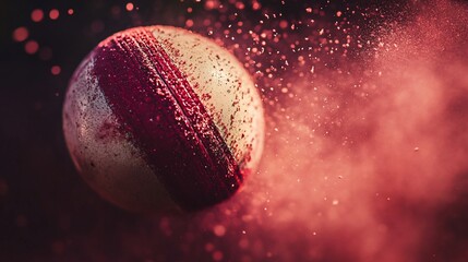 Poster - Cricket ball in motion, red dust explosion.