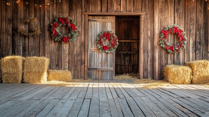 Poster - Rustic wooden barn with Christmas wreaths, hay bales, and open door.