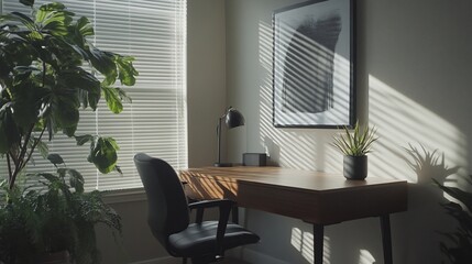 Poster - Sunlit home office workspace with desk, chair, plants, and artwork.