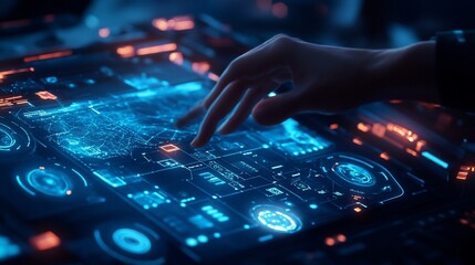 Fototapete - Hand interacts with futuristic holographic interface displaying data.