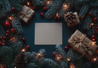 Aufkleber - Flat lay Christmas mockup with blank card, gifts, pine cones, cranberries, and fairy lights on dark background.