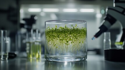 Aufkleber - Glass beaker with growing sprouts in a laboratory setting.