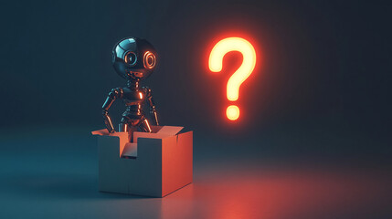 Poster - Robot emerging from box with glowing red question mark on dark background